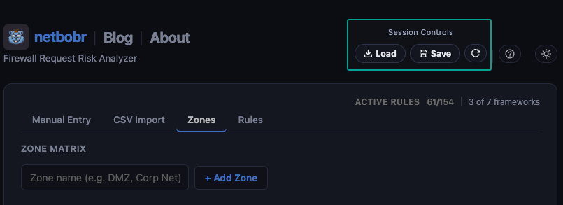 Session Controls showing Load, Save, and Reset buttons